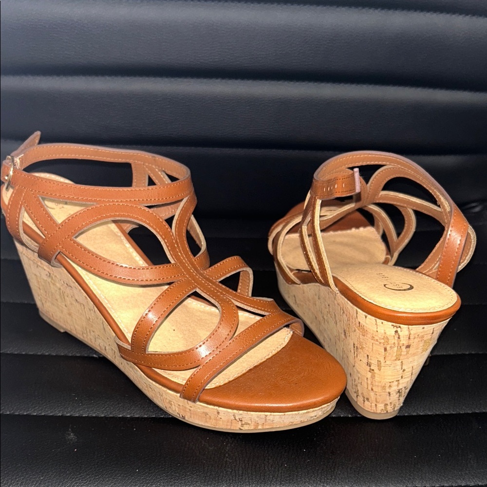 Women’s Tan Cork Wedge Sandals with Strappy Ankle Support